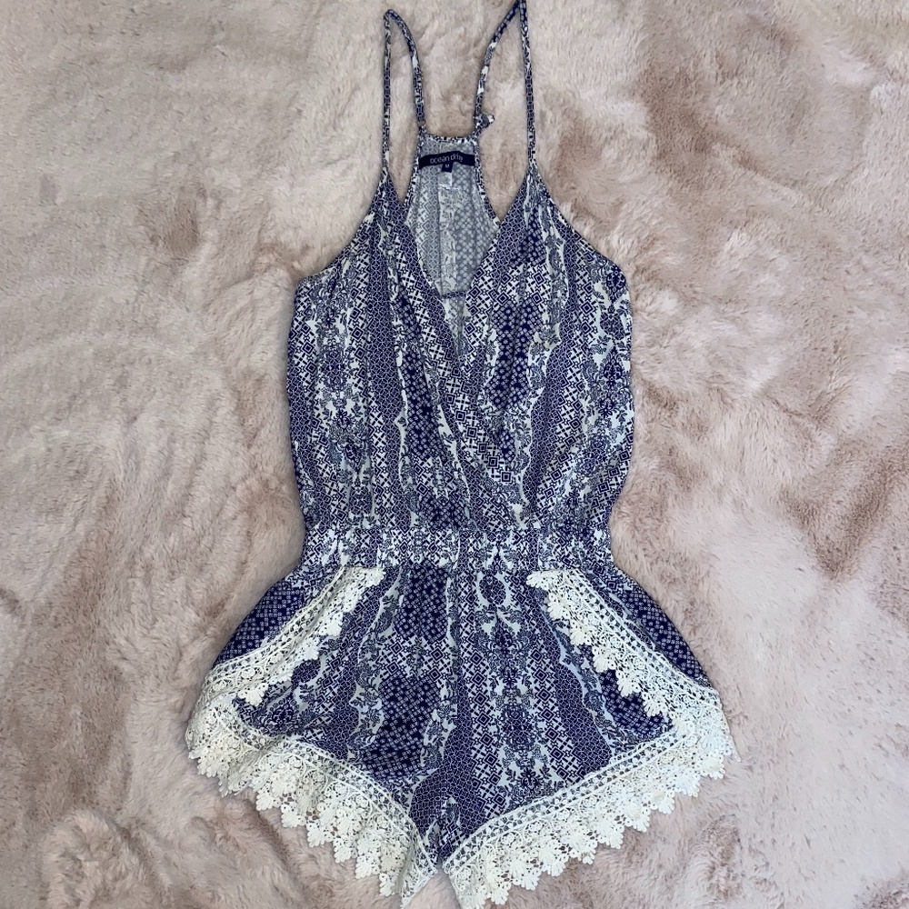 Blue & White Summer Romper with Crochet Trim